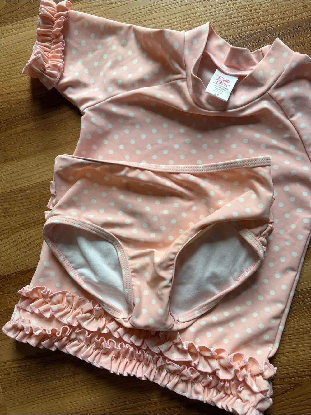 RuffleButts Toddler Girls Rash Guard 2-Piece Swimsuit Pink Polka Dot